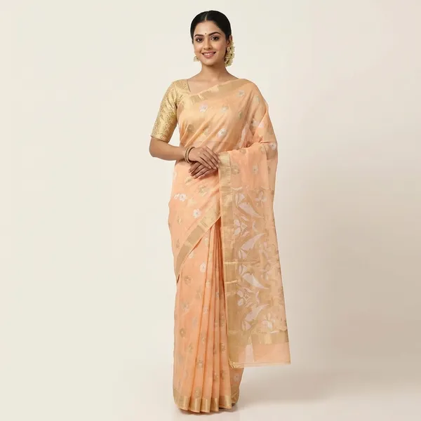 Orange_Kota_Silk_Saree_With_Delicate_Floral_Woven_Motifs_For_Women