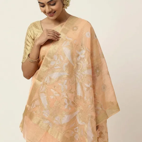 Orange_Kota_Silk_Saree_With_Delicate_Floral_Woven_Motifs_For_Women