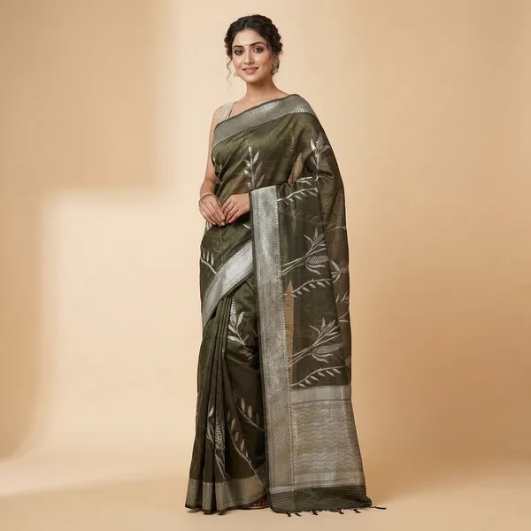 Dark_Olive_Kota_Silk_Saree_With_Silver_Zari_Floral_Weave_For_Women