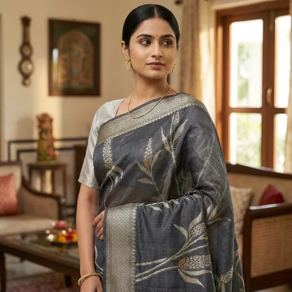 Charcoal_Grey_Kota_Silk_Saree_With_Silver_Zari_Floral_Weave_For_Women