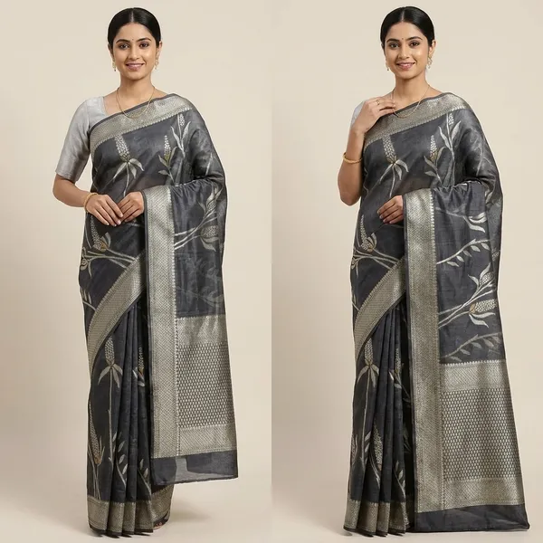 Charcoal_Grey_Kota_Silk_Saree_With_Silver_Zari_Floral_Weave_For_Women