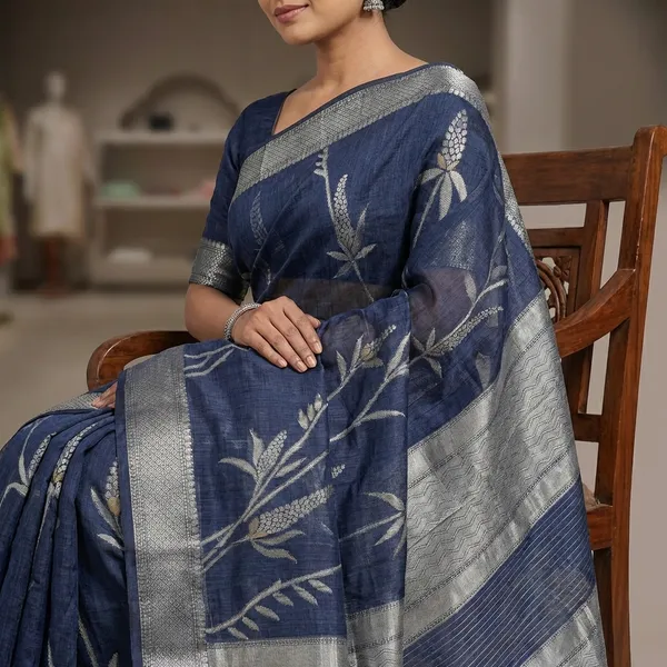 Dark_Blue_Kota_Silk_Saree_With_Silver_Zari_Floral_Weave_For_Women