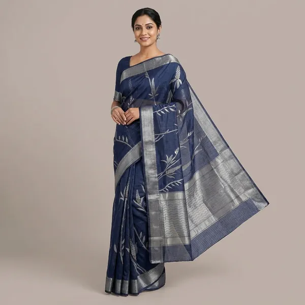 Dark_Blue_Kota_Silk_Saree_With_Silver_Zari_Floral_Weave_For_Women