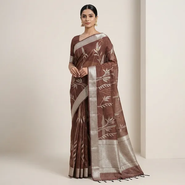 Dark_Brown_Kota_Silk_Saree_With_Silver_Zari_Floral_Weave_For_Women