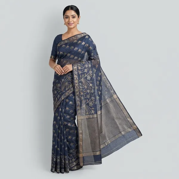 Elegant_Navy_Blue_Kota_Doria_Saree_With_Woven_Floral_Motifs_For_Women
