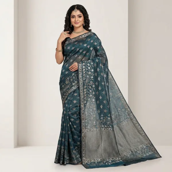 Stylish_Teal_Blue_Kota_Doria_Saree_With_Woven_Floral_Border_For_Women