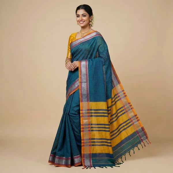 Mustard_Yellow_And_Deep_Blue_Narayanpet_Cotton_Saree_For_Women