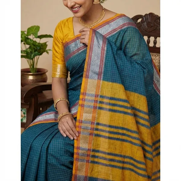 Mustard_Yellow_And_Deep_Blue_Narayanpet_Cotton_Saree_For_Women