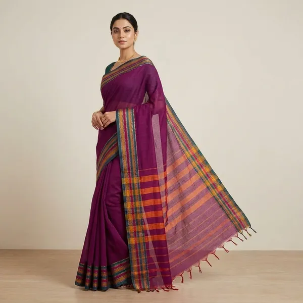 Multi_Shade_Magenta_Narayanpet_Cotton_Saree_With_Traditional_Striped_Border_For_Women