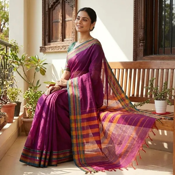 Multi_Shade_Magenta_Narayanpet_Cotton_Saree_With_Traditional_Striped_Border_For_Women