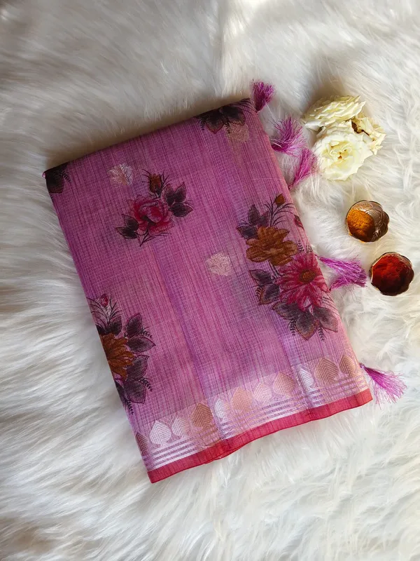 Rose_Pink_Kota_Doria_Cotton_Silk_Saree_With_Floral_Print_And_Zari_Border_For_Women