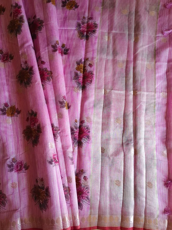 Rose_Pink_Kota_Doria_Cotton_Silk_Saree_With_Floral_Print_And_Zari_Border_For_Women