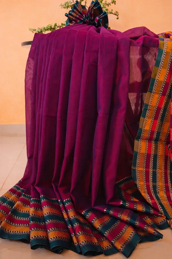 Multi_Shade_Magenta_Narayanpet_Cotton_Saree_With_Traditional_Striped_Border_For_Women