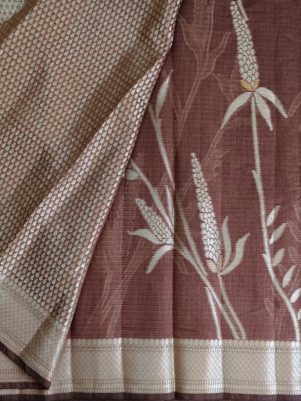 Dark_Brown_Kota_Silk_Saree_With_Silver_Zari_Floral_Weave_For_Women