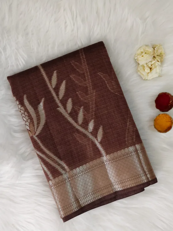 Dark_Brown_Kota_Silk_Saree_With_Silver_Zari_Floral_Weave_For_Women