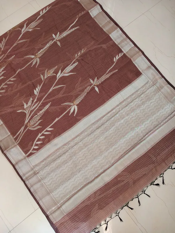 Dark_Brown_Kota_Silk_Saree_With_Silver_Zari_Floral_Weave_For_Women