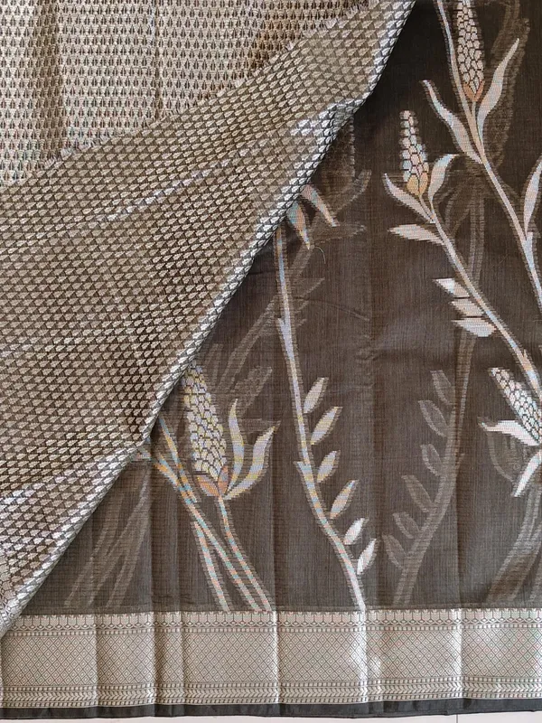 Dark_Olive_Kota_Silk_Saree_With_Silver_Zari_Floral_Weave_For_Women