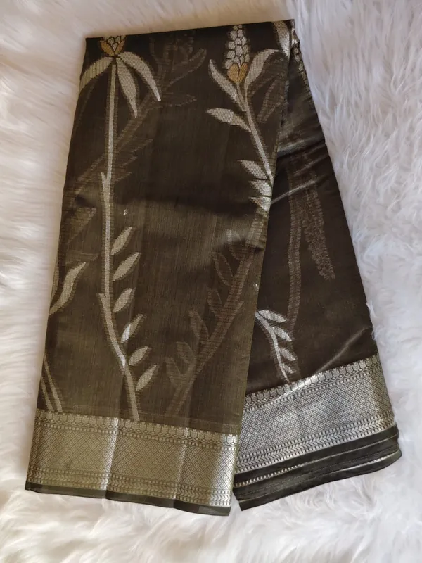 Dark_Olive_Kota_Silk_Saree_With_Silver_Zari_Floral_Weave_For_Women