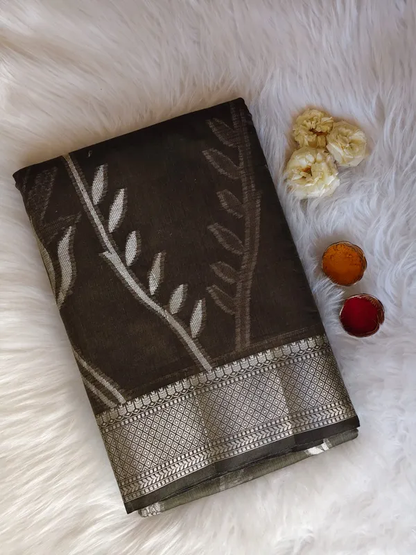 Dark_Olive_Kota_Silk_Saree_With_Silver_Zari_Floral_Weave_For_Women