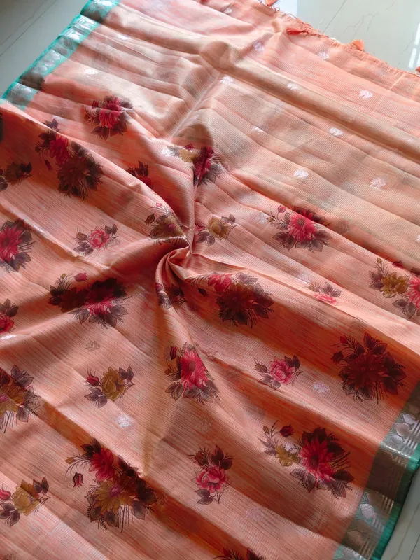 Premium_Peach_Kota_Doria_Floral_Printed_Saree_With_Zari_Border_For_Women