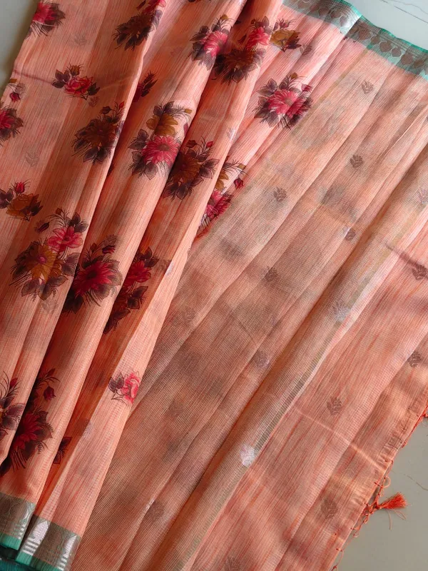 Premium_Peach_Kota_Doria_Floral_Printed_Saree_With_Zari_Border_For_Women