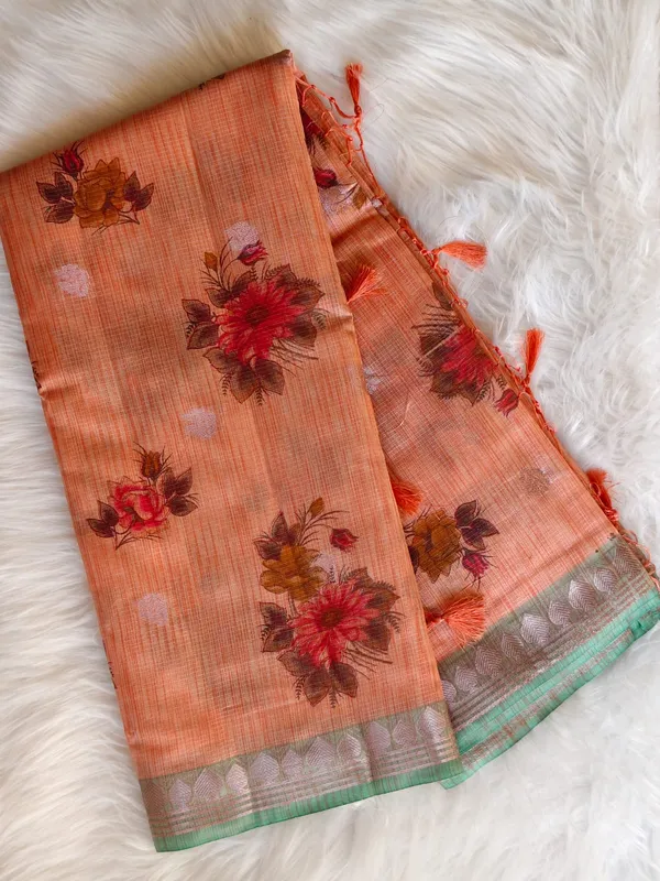 Premium_Peach_Kota_Doria_Floral_Printed_Saree_With_Zari_Border_For_Women