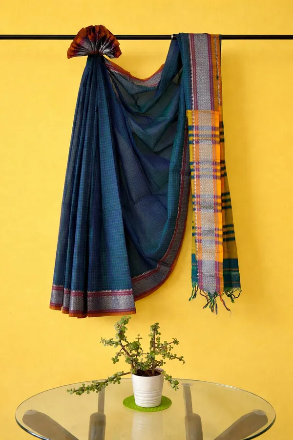 Mustard_Yellow_And_Deep_Blue_Narayanpet_Cotton_Saree_For_Women