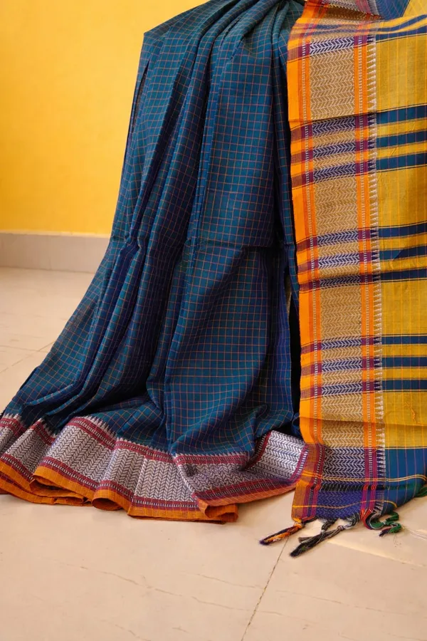 Mustard_Yellow_And_Deep_Blue_Narayanpet_Cotton_Saree_For_Women