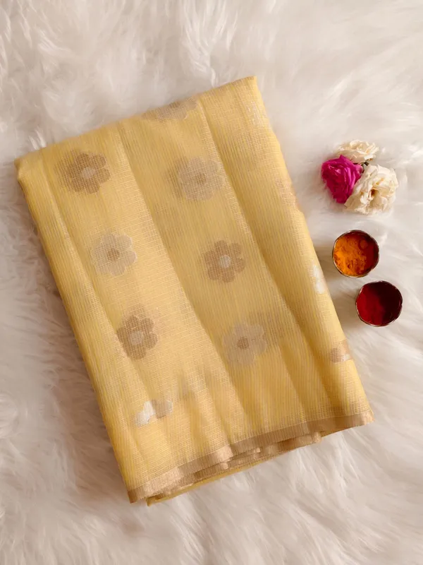 Yellow_Kota_Silk_Saree_With_Delicate_Floral_Woven_Motifs_For_Women