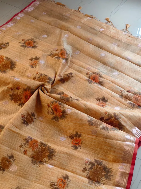 Mustard_Beige_Kota_Doria_Cotton_Silk_Saree_With_Floral_Print_And_Zari_Border_For_Women
