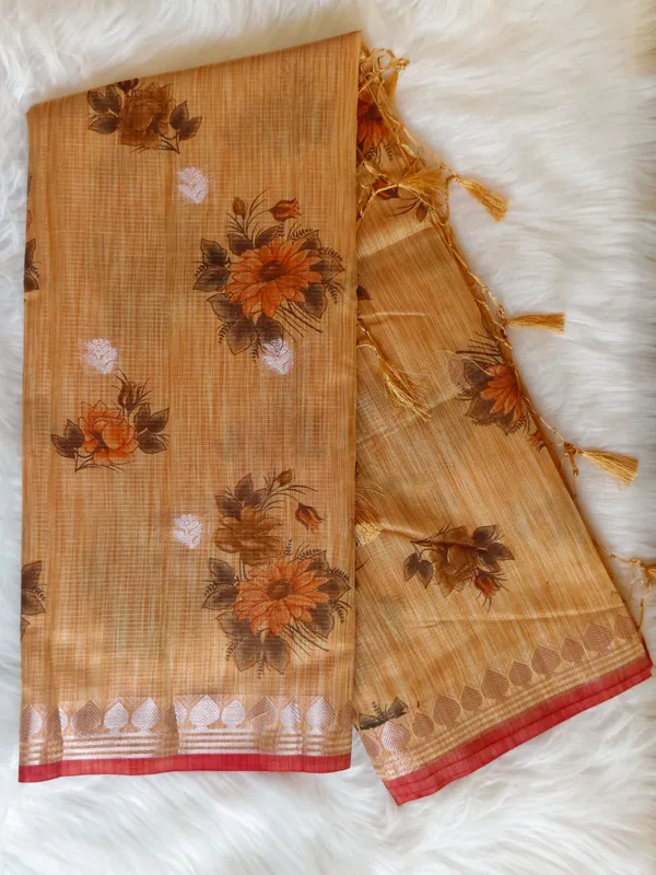 Mustard_Beige_Kota_Doria_Cotton_Silk_Saree_With_Floral_Print_And_Zari_Border_For_Women