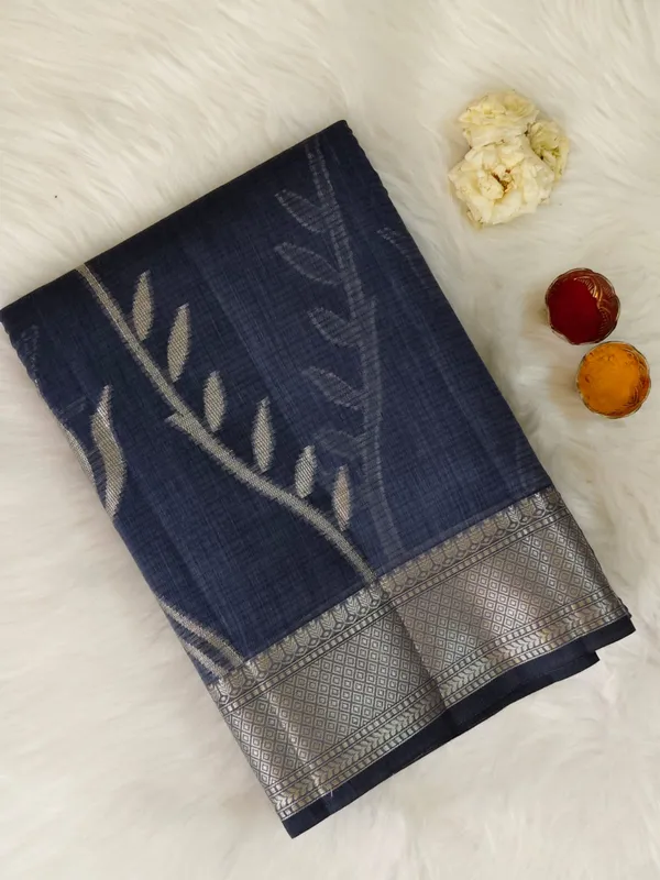 Dark_Blue_Kota_Silk_Saree_With_Silver_Zari_Floral_Weave_For_Women