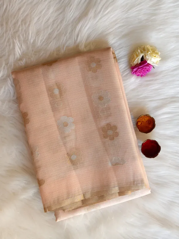 Peach_Kota_Silk_Saree_With_Delicate_Floral_Woven_Motifs_For_Women