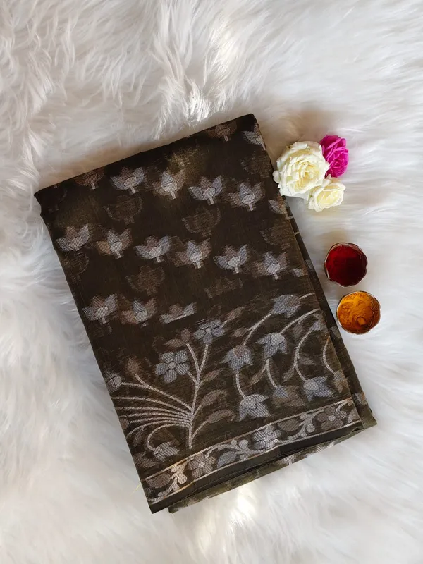 Elegant_Olive_Green_Kota_Doria_Saree_With_Zari_Weaving_For_Women