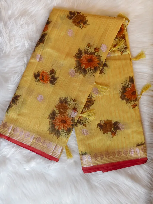 Mustard_Yellow_Kota_Doria_Cotton_Silk_Saree_With_Floral_Print_And_Contrast_Border_For_Women