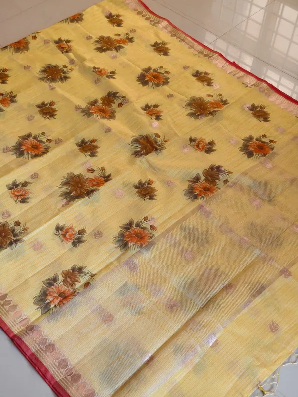 Mustard_Yellow_Kota_Doria_Cotton_Silk_Saree_With_Floral_Print_And_Contrast_Border_For_Women