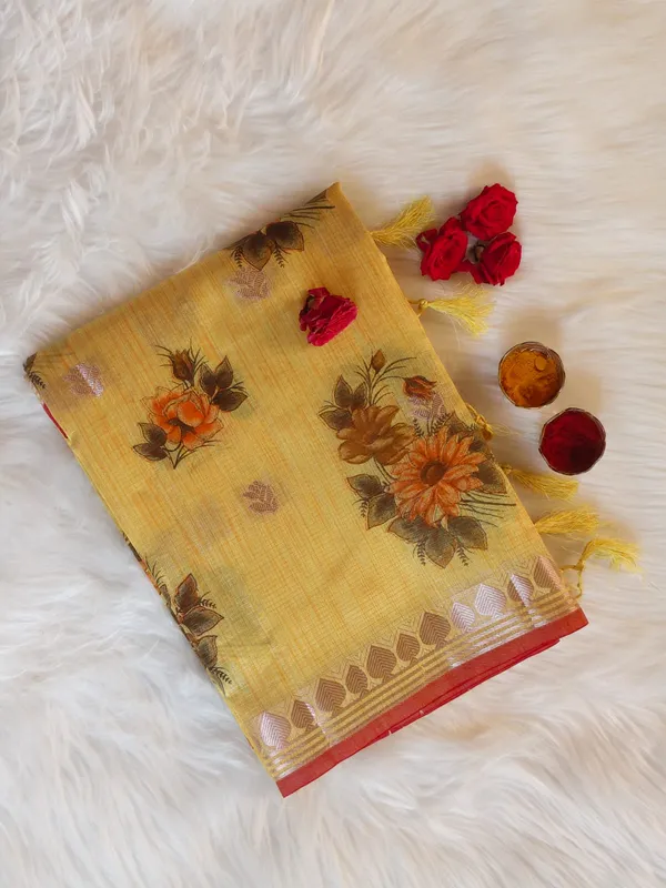Mustard_Yellow_Kota_Doria_Cotton_Silk_Saree_With_Floral_Print_And_Contrast_Border_For_Women