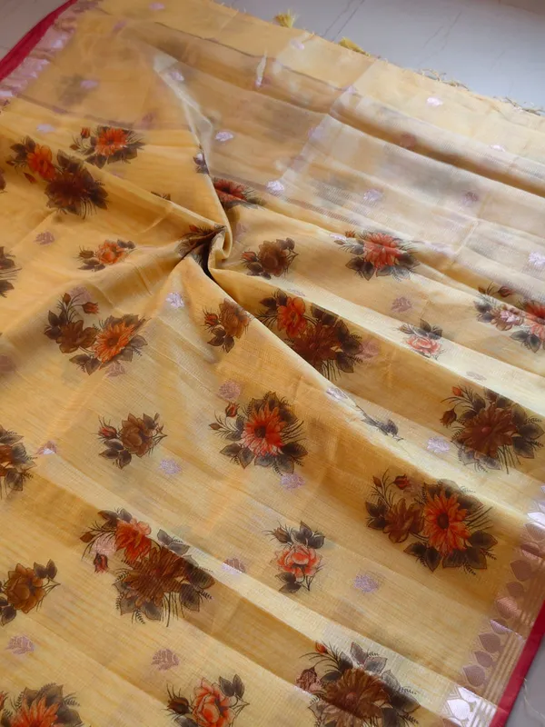 Mustard_Yellow_Kota_Doria_Cotton_Silk_Saree_With_Floral_Print_And_Contrast_Border_For_Women