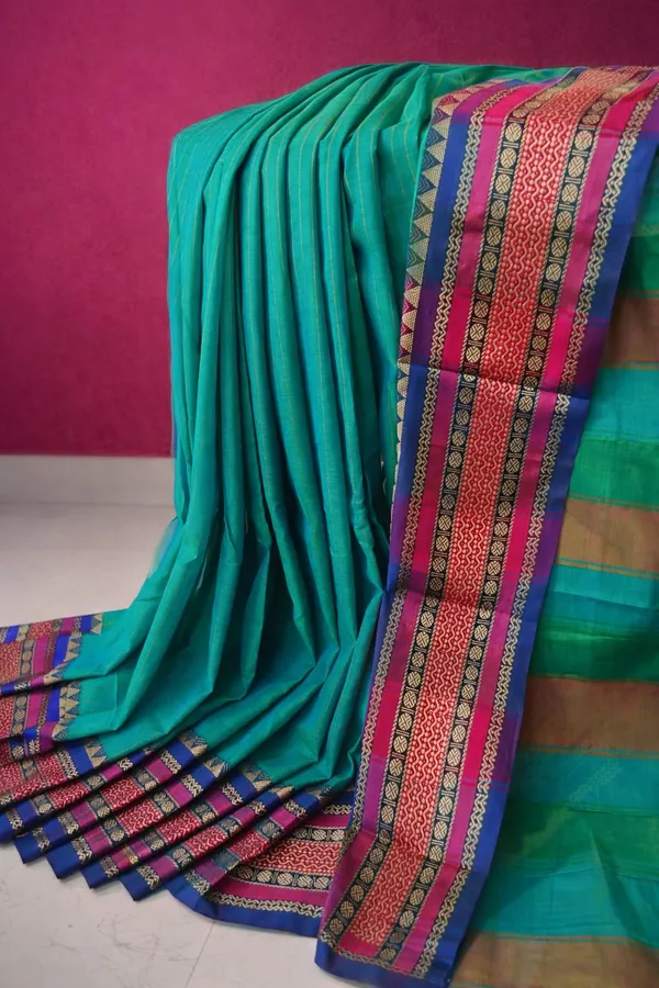 Sea_Green_Narayanpet_Cotton_Saree_With_Pink_And_Gold_Border_For_Women