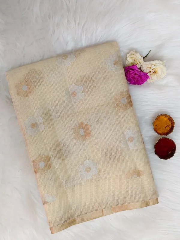 Beige_And_Cream_Kota_Silk_Saree_With_Delicate_Floral_Woven_Motifs_For_Women