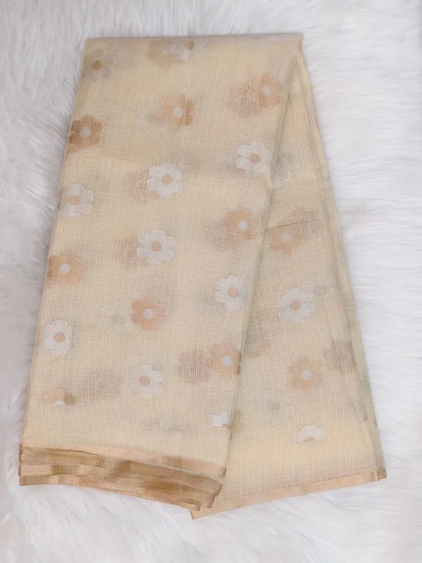 Beige_And_Cream_Kota_Silk_Saree_With_Delicate_Floral_Woven_Motifs_For_Women