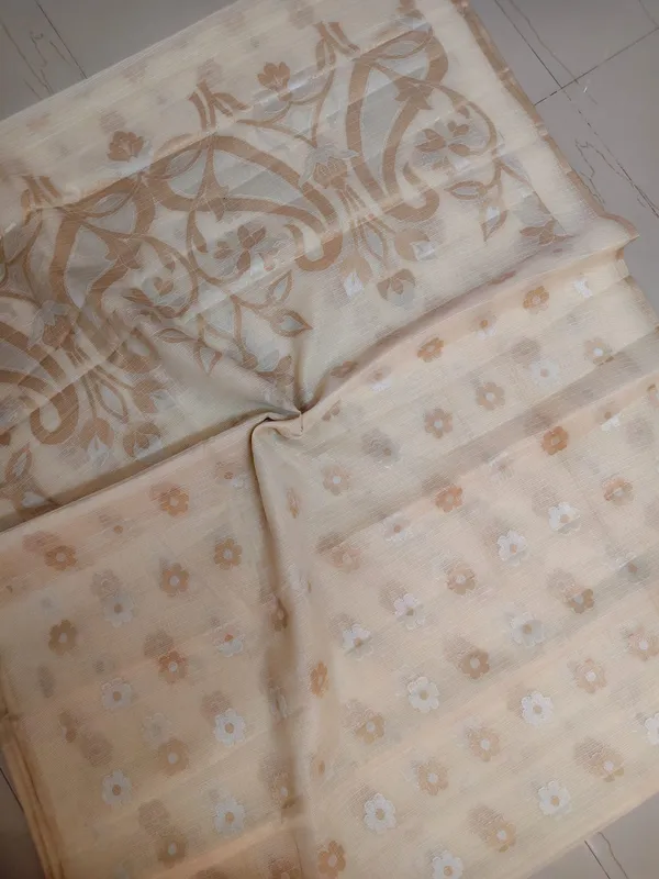 Beige_And_Cream_Kota_Silk_Saree_With_Delicate_Floral_Woven_Motifs_For_Women