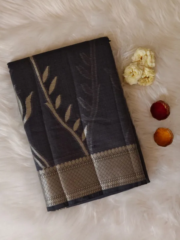 Charcoal_Grey_Kota_Silk_Saree_With_Silver_Zari_Floral_Weave_For_Women