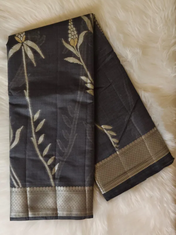 Charcoal_Grey_Kota_Silk_Saree_With_Silver_Zari_Floral_Weave_For_Women
