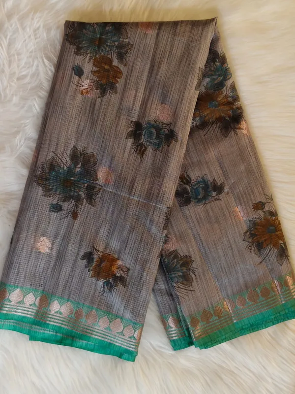 Steel_Grey_Kota_Doria_Cotton_Silk_Saree_With_Floral_Print_And_Contrast_Zari_Border_For_Women
