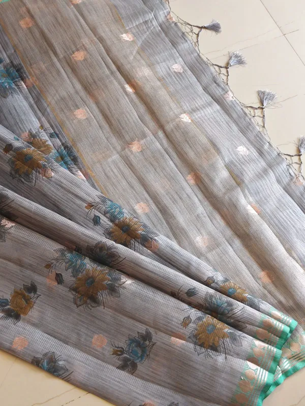 Steel_Grey_Kota_Doria_Cotton_Silk_Saree_With_Floral_Print_And_Contrast_Zari_Border_For_Women