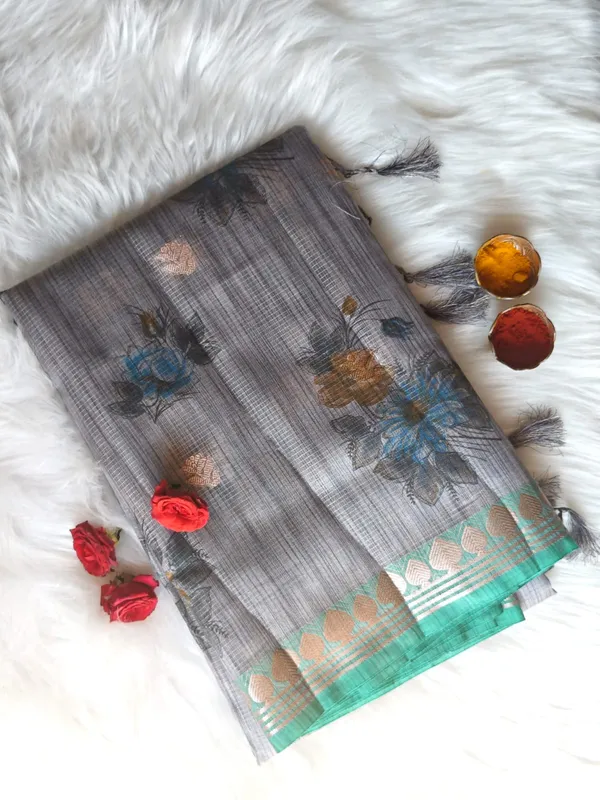 Steel_Grey_Kota_Doria_Cotton_Silk_Saree_With_Floral_Print_And_Contrast_Zari_Border_For_Women