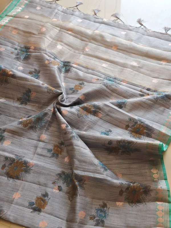 Steel_Grey_Kota_Doria_Cotton_Silk_Saree_With_Floral_Print_And_Contrast_Zari_Border_For_Women