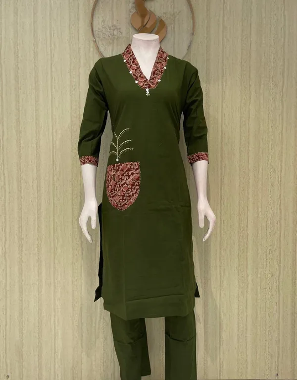 Olive_Green_Ethnic_Kurti_with_Embroidered_Pocket_and_Floral_Trim