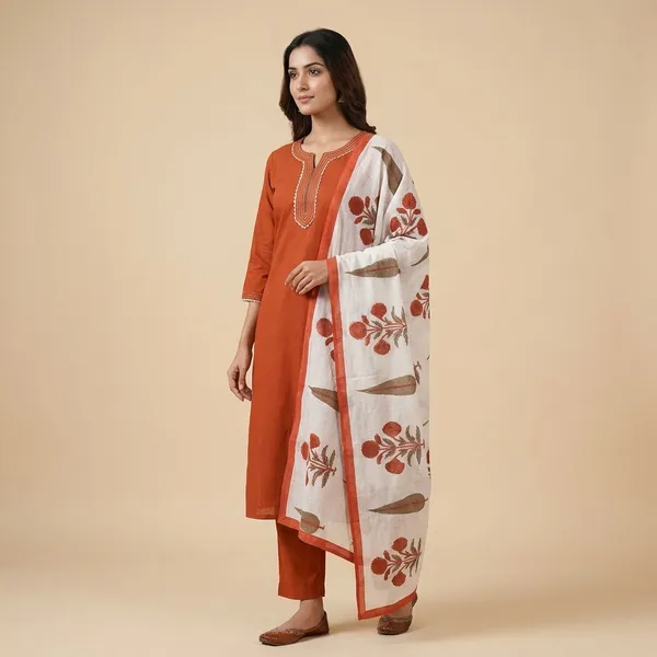 Rust_Cotton_Premium_Kurta_Set_For_Women